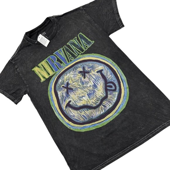 Nirvana Womens Size S‎ Black Wash Happy Face Graphic Print Tee T-shirt NWT - Picture 1 of 5
